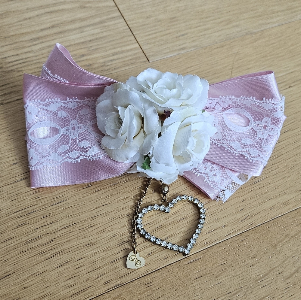 Rare La Pafait Gyaru Pink Satin White Lace Rose Bow Barette Heart Charms - Picture 6 of 9